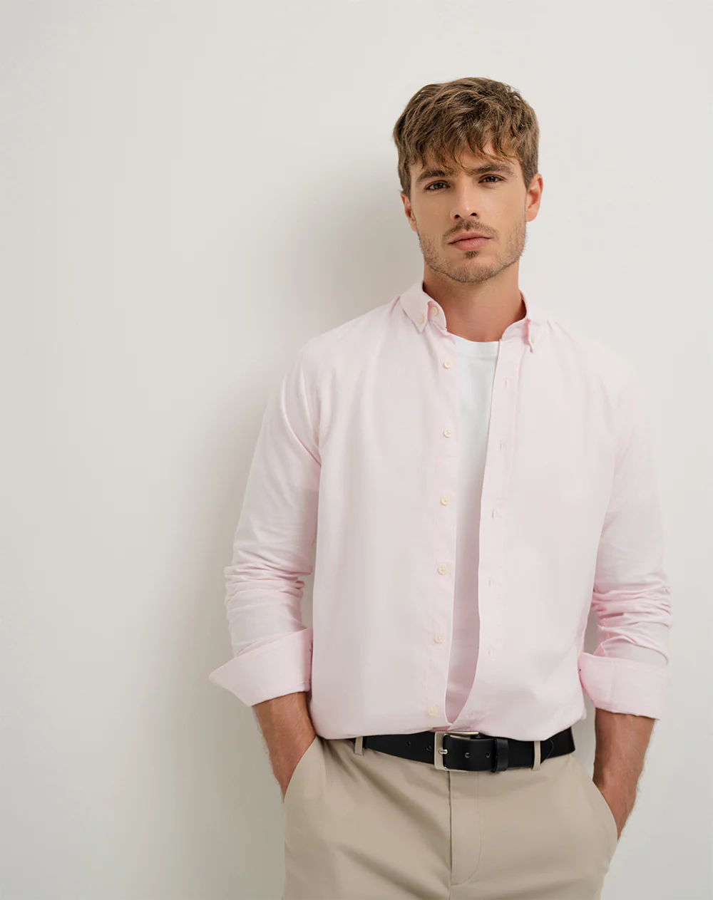 Camisa manga larga slim algodón rosada hombre