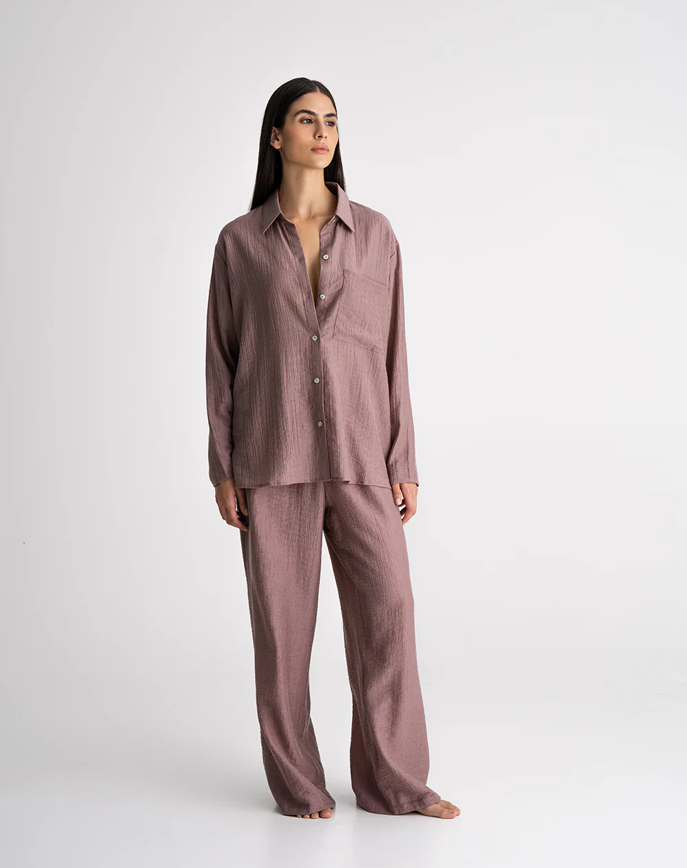 Camisa manga larga satín efecto arrugado palo rosa mujer - Image 3