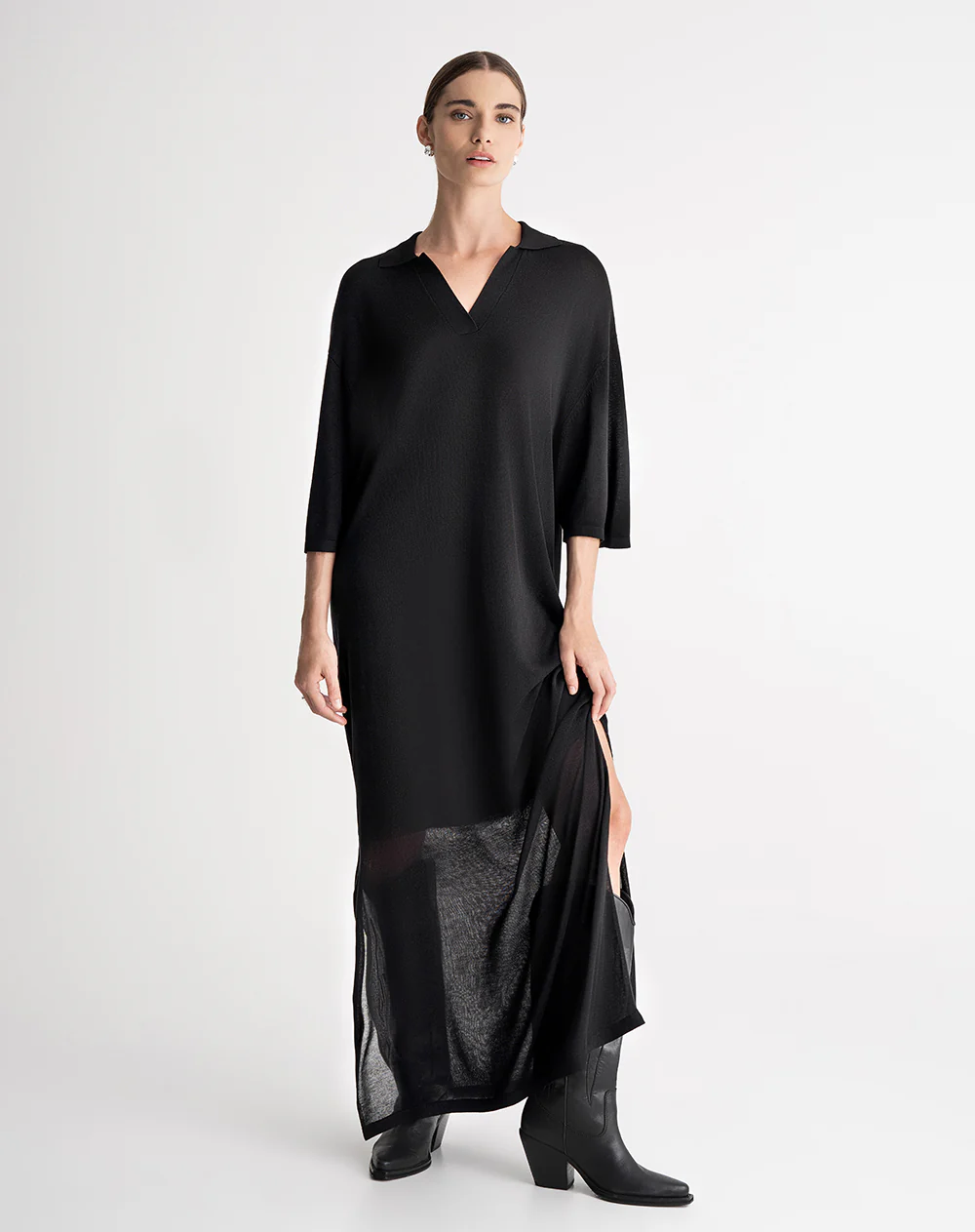 Vestido largo tejido de punto negro mujer - Image 4