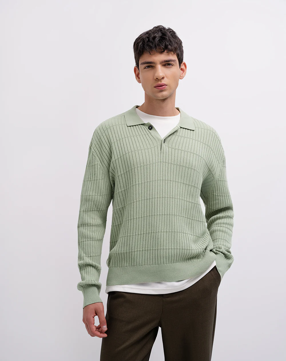 Suéter regular tejido de punto algodón verde hombre - Image 4