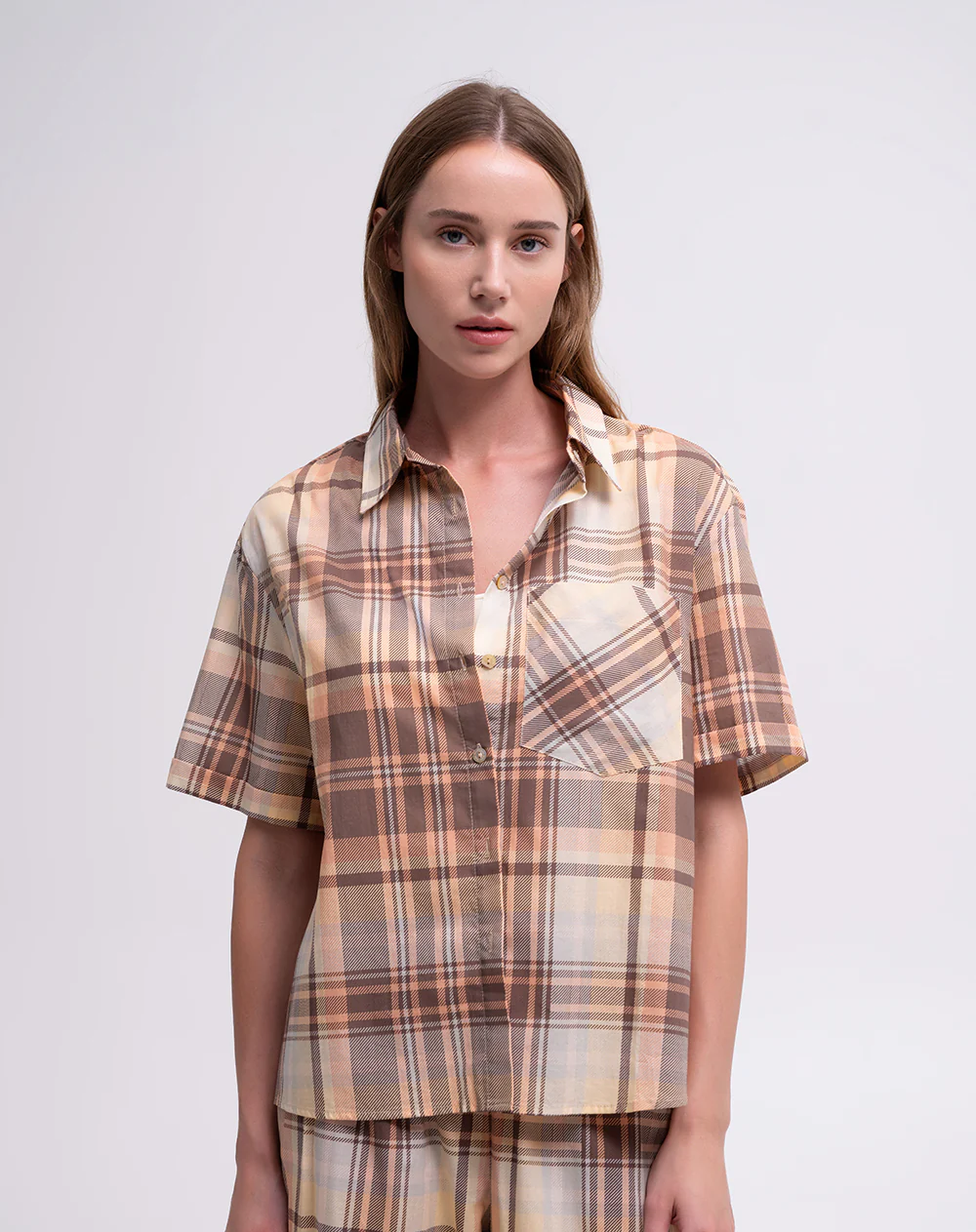 Camisa manga corta loose cuadros mujer